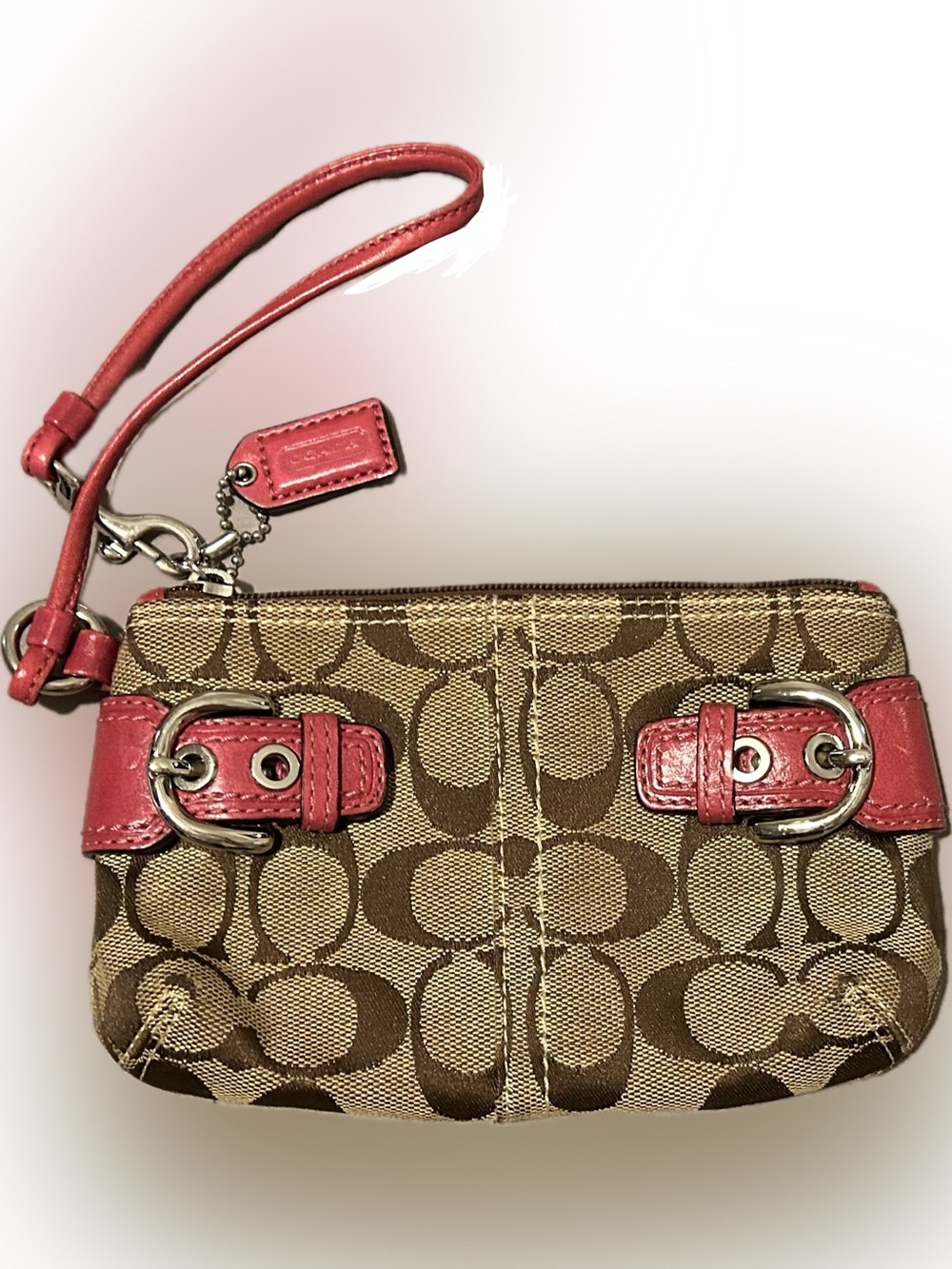 Coach Brown Signature Canvas Wristlet with Pink Leather Trim